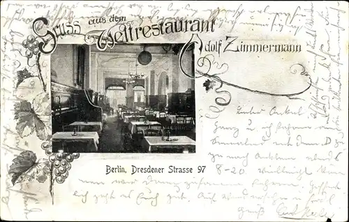 Ak Berlin Kreuzberg, Weltrestaurant von Adolf Zimmermann, Dresdener Straße 97