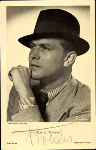 Ak Schauspieler Gustav Fröhlich, Portrait, Hut, Autogramm