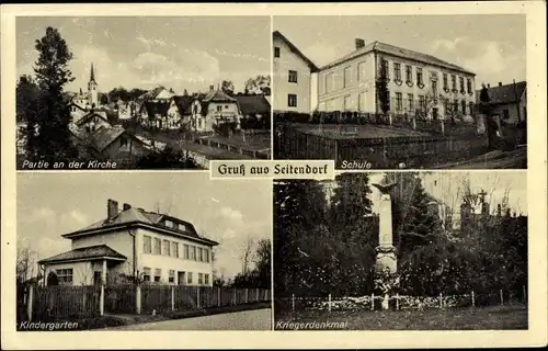 Ak Poniatów Seitendorf Wałbrzych Waldenburg Schlesien, Kirche, Schule, Kriegerdenkmal, Kindergarten