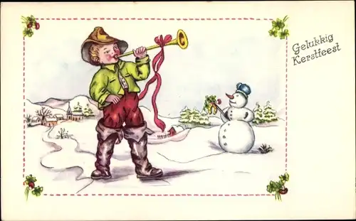 Ak Fröhliches Neujahr, Schneemann, Junge bläst Signal, Kleeblätter