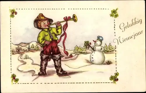 Ak Fröhliches Neujahr, Schneemann, Junge bläst Signal, Kleeblätter