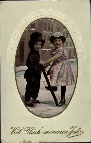 Passepartout Ak Fröhliches Neujahr, Kind als Schornsteinfeger, Mädchen