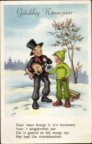 Ak Fröhliches Neujahr, Schornsteinfeger, Junge mit Schlitten, Schwein