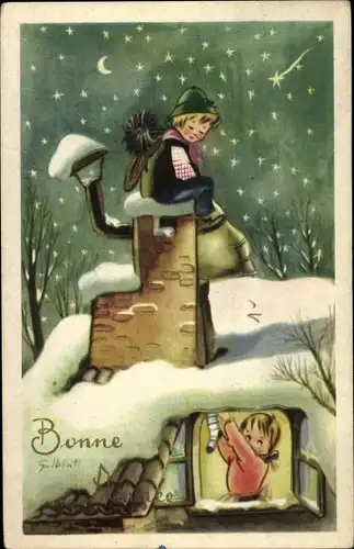 Ak Fröhliches Neujahr, Kind als Schornsteinfeger sitzt auf einem Dach