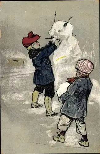 Künstler Ak Jungen bauen einen Schneemann