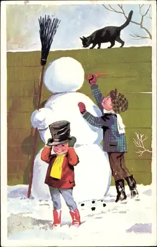 Ak Kinder bauen einen Schneemann, schwarze Katze
