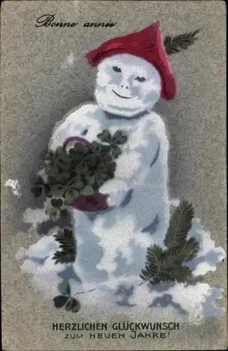 Ak Fröhliches Neujahr, Schneemann, Kleeblätter