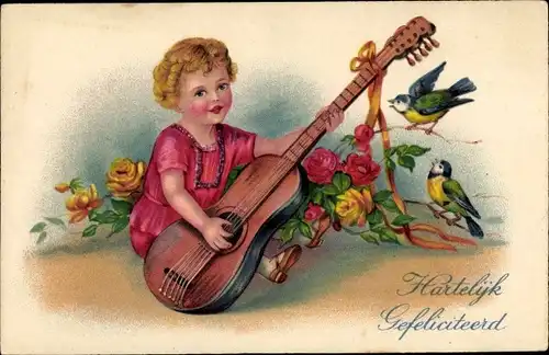 Ak Glückwunsch, Kind mit Musikinstrument, Vögel, Rosen