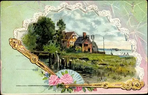 Litho Fächer, Blumen, Fluss, Wohnhaus, Wiese