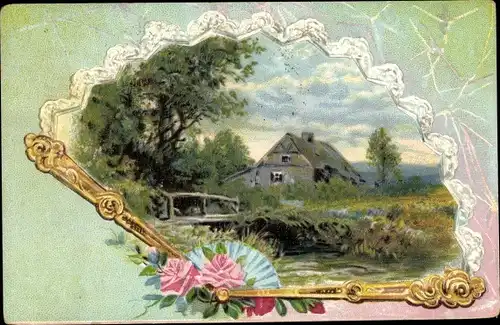 Litho Fächer, Wohnhaus, Fluss, Wiese, Kitsch