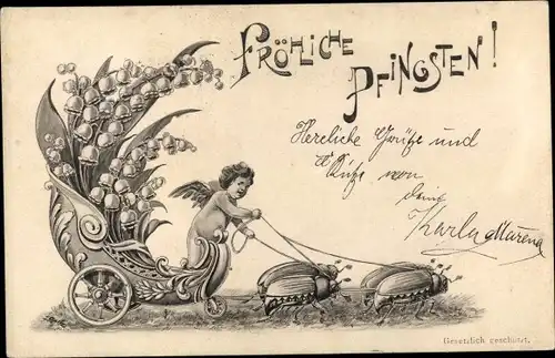 Künstler Litho Opitz, Glückwunsch Pfingsten, Engel, Maikäfer, Maiglöckchen