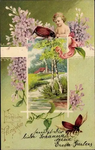 Präge Litho Glückwunsch Pfingsten, Kind, Blumen, Maikäfer, Birken