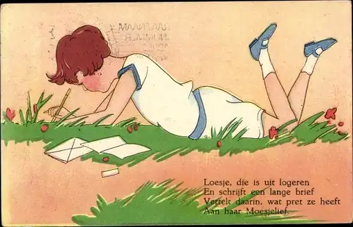 Ak Kind schreibt einen Brief, Briefumschlag, Blumenwiese