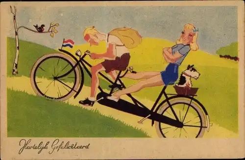 Ak Glückwunsch, Liebespaar beim Radfahren, Birke, Hund, Niederländische Fahne