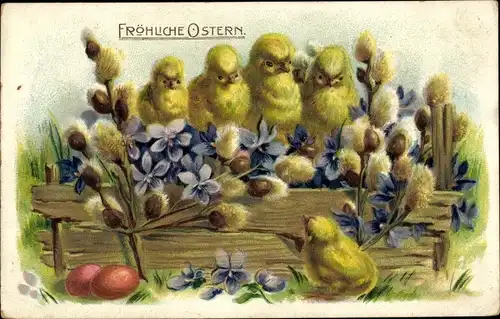Präge Ak Glückwunsch Ostern, Küken, Weidenkätzchen, Veilchen, Ostereier
