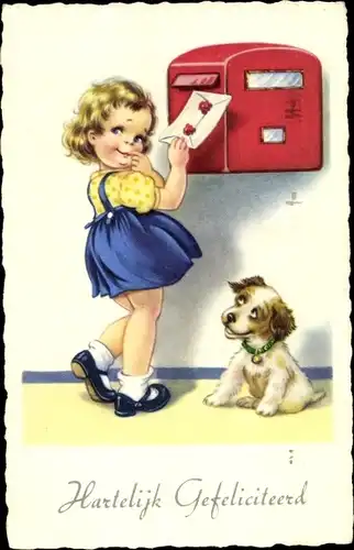 Ak Glückwunsch, Mädchen wirft einen Brief in den Briefkasten, Hund