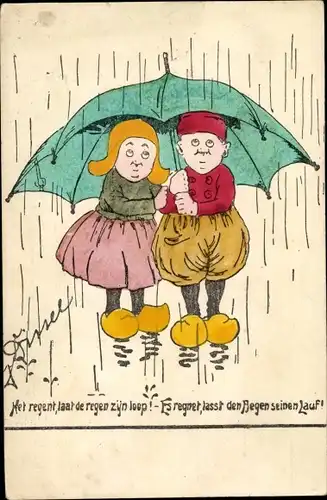 Handgemalt Künstler Ak Kinder unter einem Regenschirm, Regnerisches Wetter