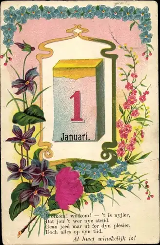 Stoff Präge Litho Neujahr, Kalender, Blumen, Vergissmeinnicht