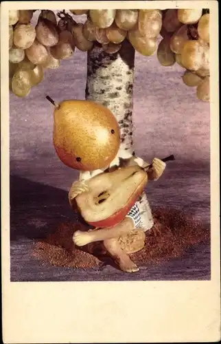 Ak Vermenschlichte Birne, Weintrauben