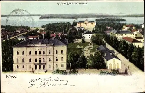 Ak Wasa in Schweden, Blick vom Kirchturm nach Westen, Küste, Schule