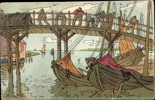 Künstler Ak Männer auf einer Brücke, Fischer, Fischerboote