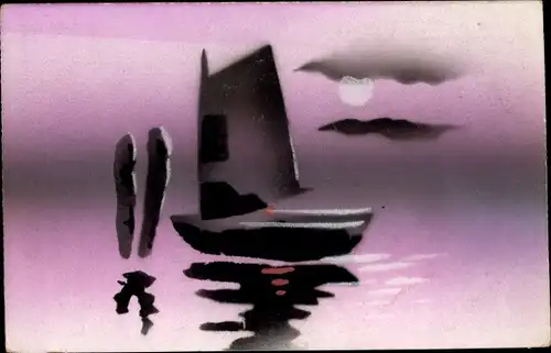 Handgemalt Ak Segelboot im Mondschein