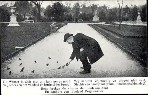 Ak Mann füttert Vögel im Winter