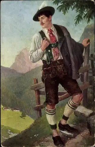 Ak Mann in Tracht, Lederhose, Hut