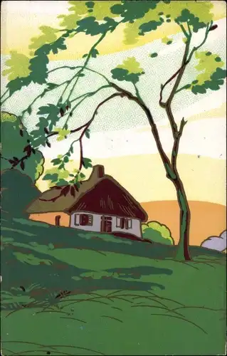 Ak Landschaft mit Haus und Baum