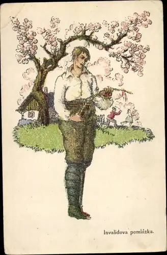 Künstler Ak Glückwunsch Ostern, Mann unter einem Blütenbaum