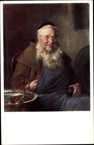 Künstler Ak Mönch im Weinkeller, Weinglas