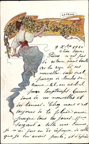 Jugendstil Ak Frau und Pflaumenzweige