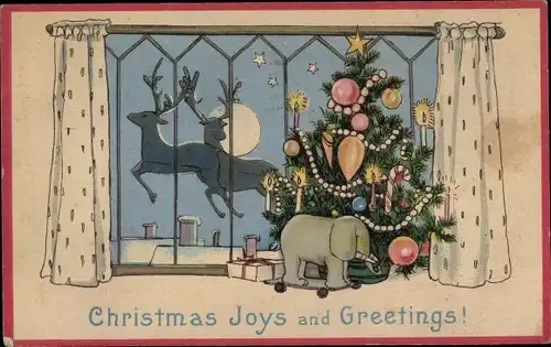 Ak Glückwunsch Weihnachten, Geschmückter Tannenbaum, Hirsche vor dem Fenster