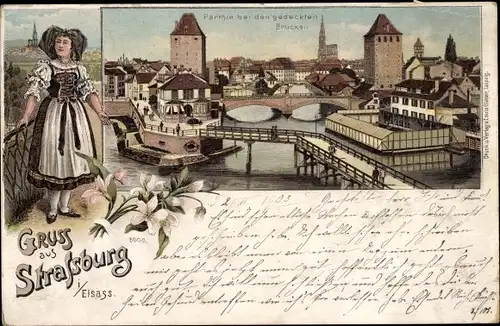 Litho Straßburg Elsass Bas Rhin, gedeckte Brücken, Elsässerin in Tracht