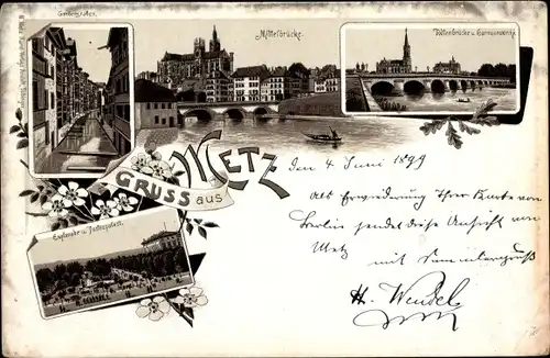 Litho Metz Moselle, Mittelbrücke, Garnisonkirche, Esplanade, Justizpalast