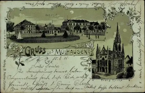 Mondschein Litho Mulhouse Mülhausen Elsass Haut Rhin, Bahnhof, Evangelische Kirche