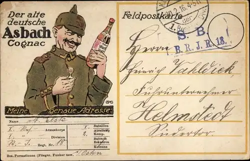 Ak Der alte deutsche Asbach-Cognac, deutscher Soldat mit Flasche und Glas, 1. WK