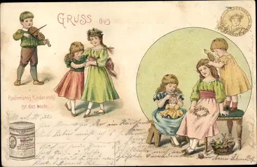 Litho Reklame Rademann's Kindermehl, Mädchen beim Tanz, Puppe, Blumenkranz