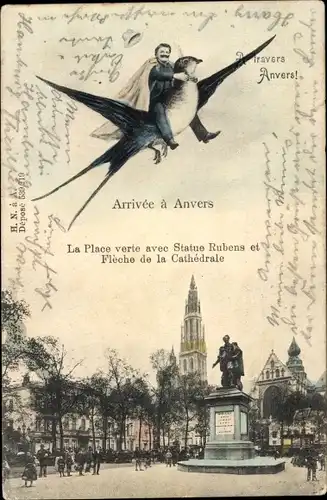 Ak Antwerpen Flandern, Platz, Rubens Denkmal, Kathedrale, Mann fliegt auf einer Schwalbe
