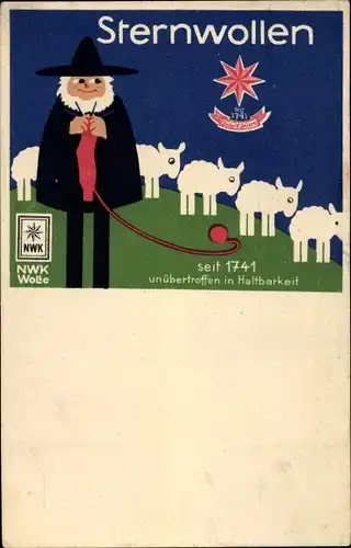 Künstler Ak NWK Wolle, Sternwolle, Reklame, Schäfer strickt mit Wolle seiner Schafe