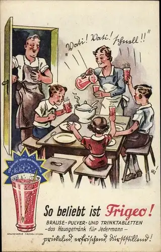 Künstler Ak Reklame, Frigeo Brausepulver und Trinktabletten, Robert Friedel GmbH Bad Cannstatt