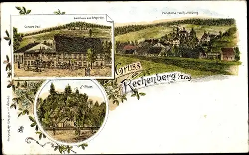 Litho Rechenberg Bienenmühle Erzgebirge, Gasthaus zum Erbgericht, Felsen, Panorama