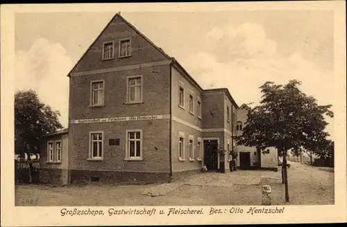 Ak Großzschepa Hohburg Lossatal in Sachsen, Gastwirtschaft, Fleischerei
