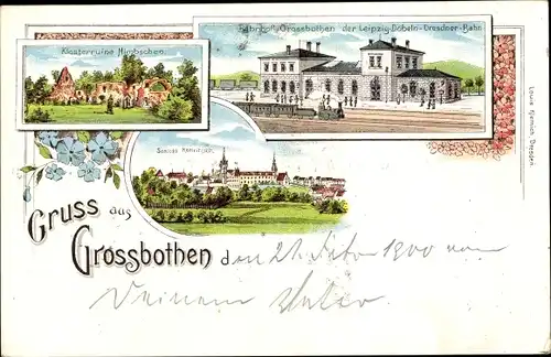 Litho Großbothen Grimma, Klosterruine Nimbschen, Schloss Köttritzsch, Bahnhof