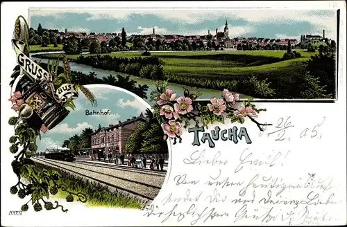 Litho Taucha in Nordsachsen, Bahnhof, Gleisansicht, Gesamtansicht