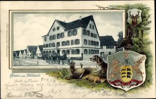 Präge Wappen Ak Fellbach in Württemberg, Gasthaus zur Traube, Kutsche, Jagdhund