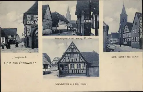 Ak Steinweiler in der Pfalz, Hauptstraße, evangelische Kirche, Bäckerei Gg. Klundt, Kath. Kirche