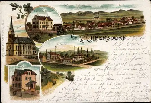 Litho Olbersdorf in Sachsen, Kirche, Totale, Schule, Kaltenstein