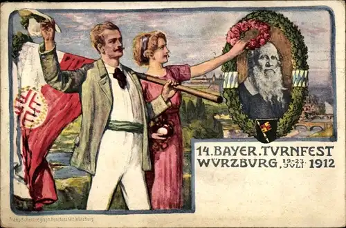 Künstler Ak Würzburg am Main Unterfranken, 14. Bayerisches Turnfest 1912, Turnvater Jahn