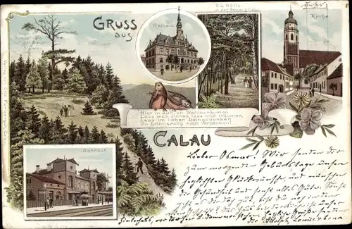 Litho Calau in Brandenburg, Rathaus, Bahnhof, Kirche, Wald